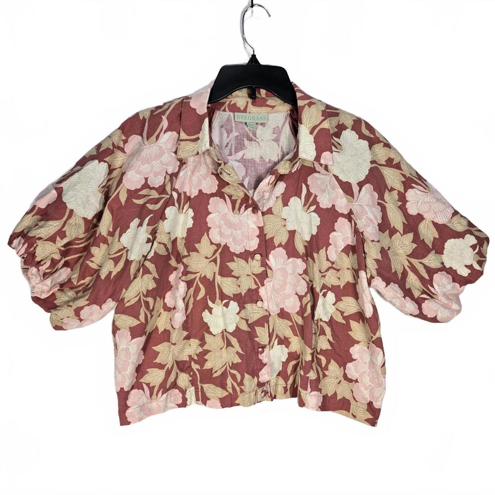 Rye Grass Womens XXL Puff Sleeve Floral Button Up Cropped Blouse Linen Blend
